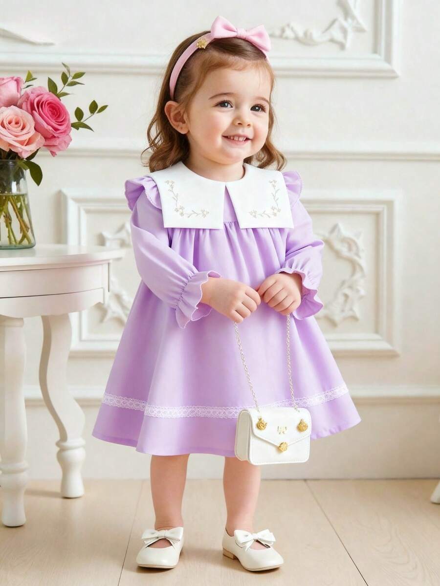 Souflis Souflis Đầm dài tay kiểu Pháp cổ điển, thoải mái, rộng rãi, thêu hoa, viền ren, cổ áo phối màu tương phản, thích hợp mặc hàng ngày, đi chơi, đi học, chụp ảnh, dự tiệc sinh nhật, v.v. Đầm tím nhạt mùa hè/thu/đông cho bé gái, đầm oải hương cho bé gái, đầm dài tay cho bé gái, đầm tím cho bé gái, đầm cổ áo cho bé gái, đầm oải hương cho bé gái, đầm tím cho bé gái, đầm dự tiệc cho bé gái, đầm cho bé gái, đầm dự tiệc cho bé gái. - Màu tím hoa cà - Xem 1