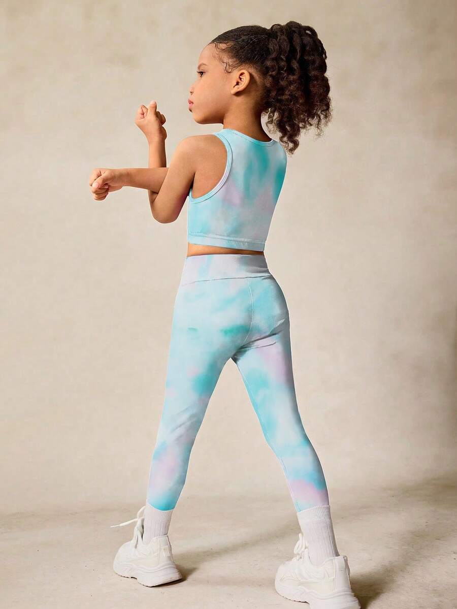 SHEIN 2件套女童扎染印花弹力吊带背心和运动裤瑜伽服，配套套装，返校季 - 彩色 - 查看 1