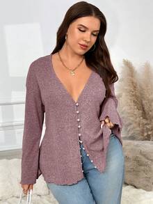 SHEIN Frenchy Plus Size Solid Color Deep V-Neck Faux Pearl Front Button Elegant Long Sleeve Jacket/Winter - Red Violet - View 1