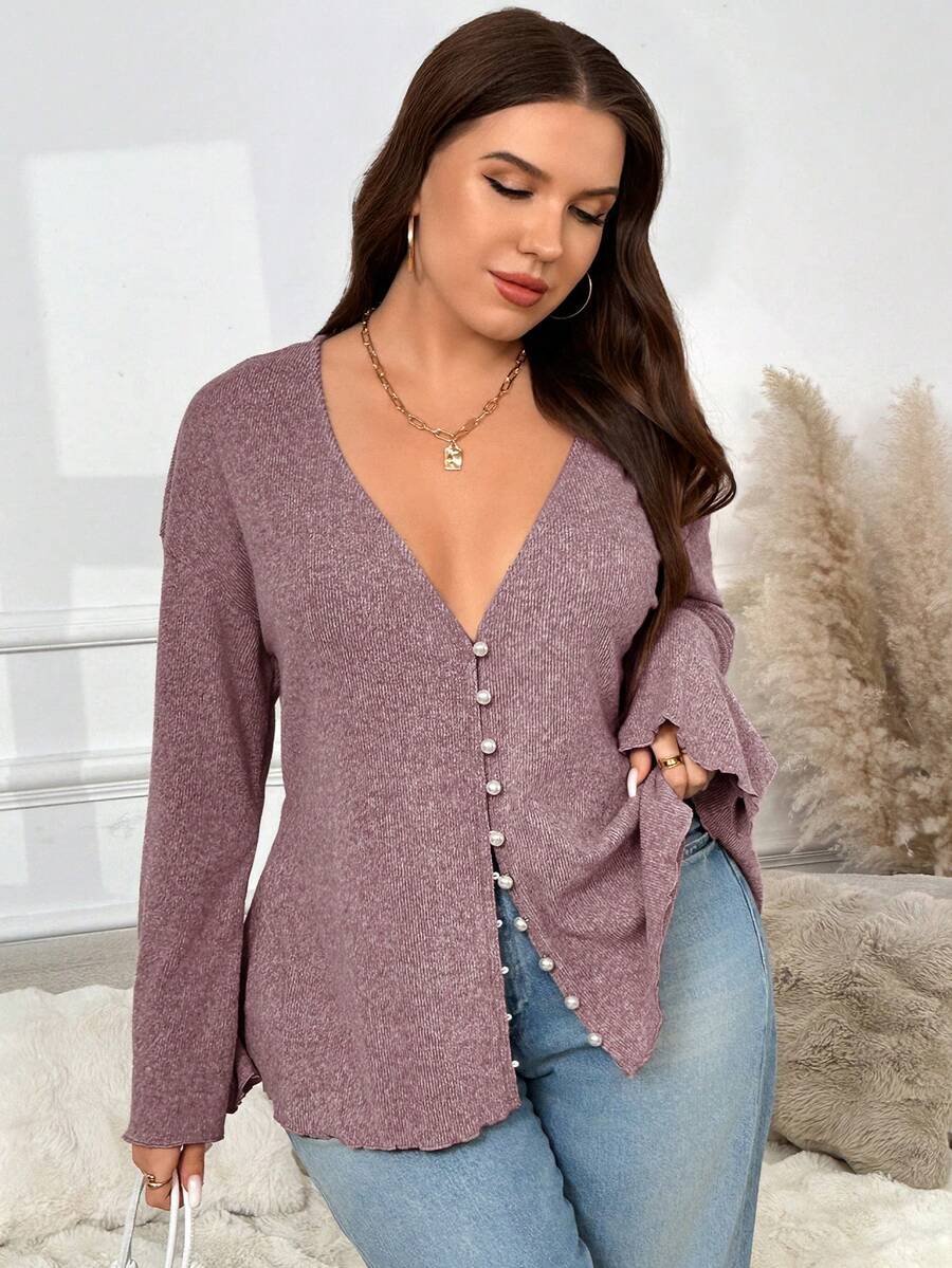 SHEIN Frenchy Plus Size Solid Color Deep V-Neck Faux Pearl Front Button Elegant Long Sleeve Jacket/Winter - Red Violet - View 1