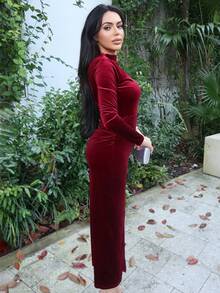 Durrani Popal Vestido largo de mujer en color burdeos con volantes asimétricos y abertura en el bajo, elegante - Burdeos - Ver 4