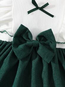 新生女宝宝白色长袖蕾丝领拼接粉色蝴蝶结连衣裙，秋冬新款优雅复古可爱面料舒适 - 墨綠色 - 查看 5