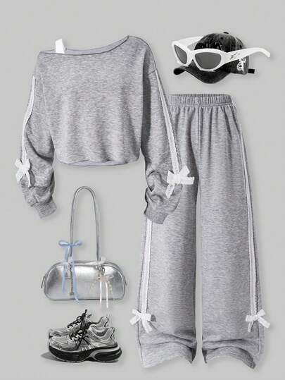 SHEIN ChillGRL 2件套少女宽松不对称肩部撞色印花长袖上衣和阔腿裤套装，休闲百搭，适合日常、通勤、度假、聚会、街头风，秋冬季穿着。