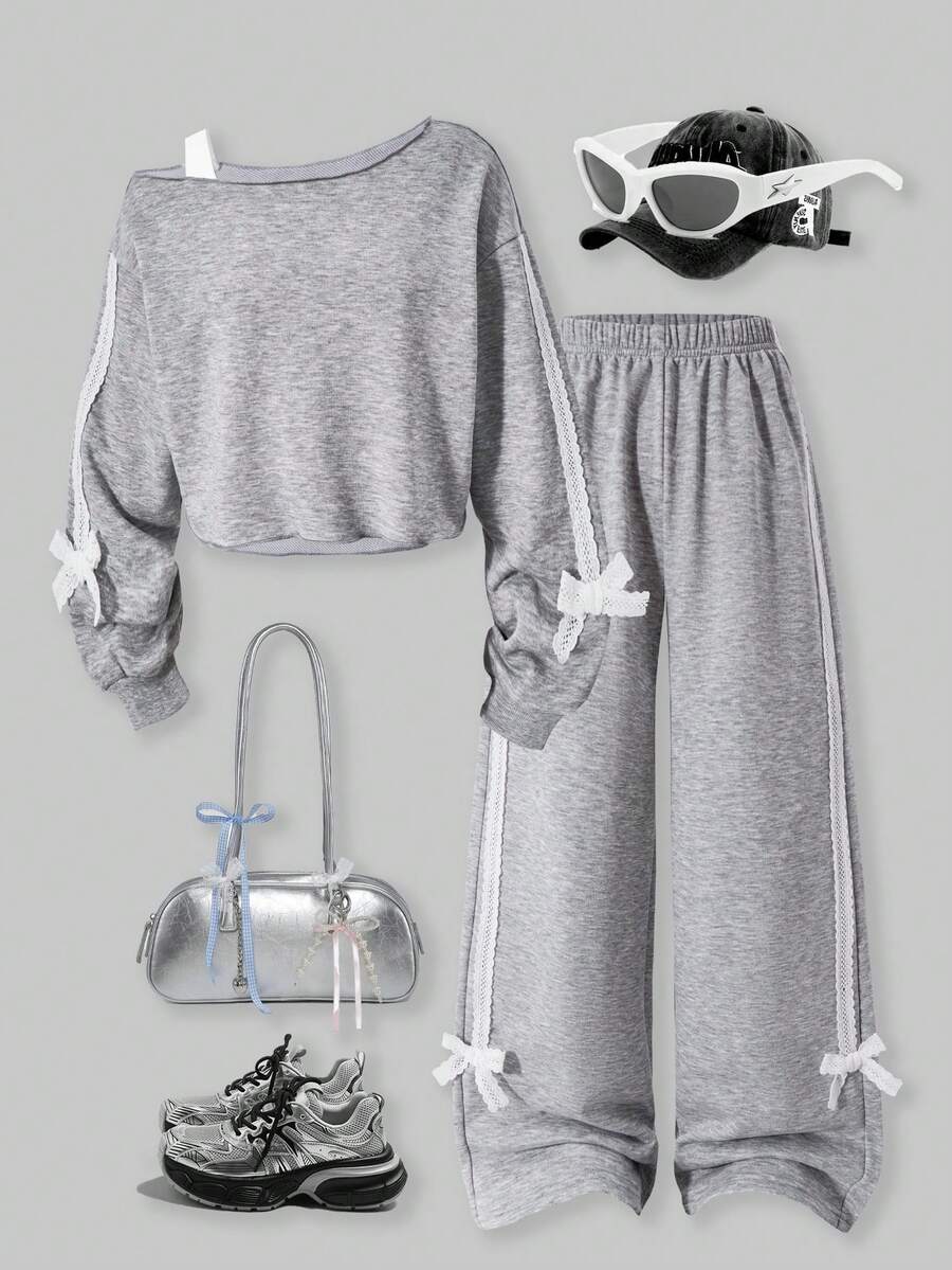 SHEIN ChillGRL 2件套少女宽松不对称肩部撞色印花长袖上衣和阔腿裤套装,休闲百搭,适合日常、通勤、度假、聚会、街头风,秋冬季穿着。 - 灰色 - 查看 1