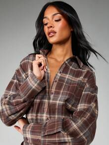 MISSGUIDED Plaid Button Down Shirt Dress Mini Long Sleeve Collared Checkered Fall Winter Casual Day Asymmetric Hem - Multicolor - View 3