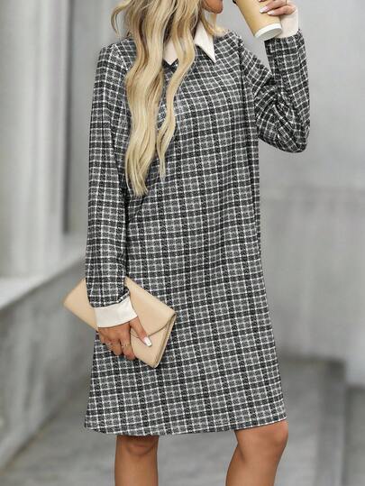 EMERY ROSE Women's Casual Plaid Mini Dress For Commuting, Autumn