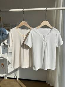 2-Piece Tween Girl White Summer Elegant School Casual Soft Korean Style Ribbed Texture Tee Featuring Delicate Lace Collar Trim,Subtle Vertical Grain - Multicolor - View 1