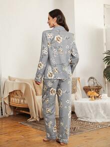 Serenescape 度假风女士印花荷叶边领开衫和裤子睡衣套装 - 彩色 - 查看 2