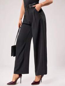 EURMUSE Fashionable Versatile Solid Color Wide Leg Pants - Black - View 5