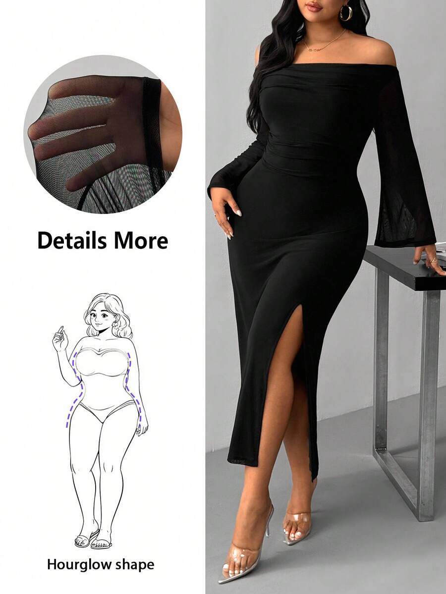 Hourglow Plus Size Women's Elegant Sexy Solid Color Off Shoulder Flare Sleeve High Slit Fitted Dress, Spring/Autumn/Autumn /Winter - Lime Green - View 1