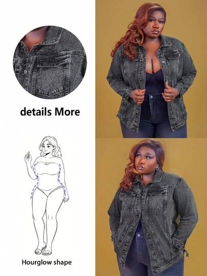 CurvyTilda 大码前扣长袖口袋休闲牛仔夹克