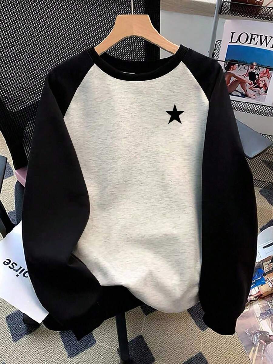 SHEIN 时尚休闲新款花卉拼接黑色撞色圆领卫衣 - 彩色 - 查看 1