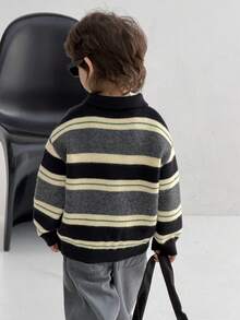 DAZY 男童休闲落肩条纹针织套头毛衣 - 灰色 - 查看 5