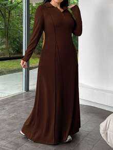 SHEIN EZwear Đầm dài tay màu nâu sô cô la trơn, cỡ lớn, kiểu dáng thường ngày. - Màu nâu Sô-cô-la - Xem 4