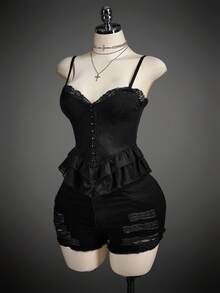 SHEIN ICON Áo camisole nữ màu trơn phối ren ôm sát gợi cảm - màu đen - Xem 5