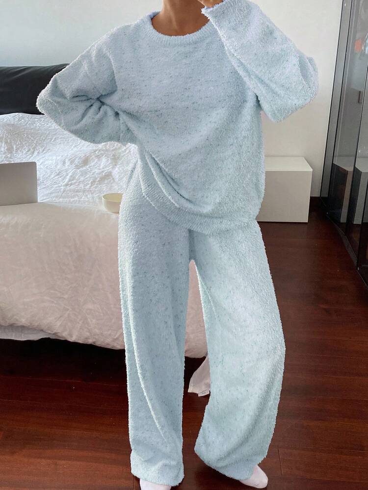 2pcs/Set Women Loose Long Sleeve & Long Pants Pajama Set, Knitted Casual Loungewear For Autumn/Winter