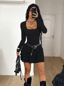 Coolane Tenue de concert d'automne/hiver pour femmes, tenue de rave, tenue de festival, tenue de sortie, tenue de rave, tenue de foire de la Renaissance, tenues de club, tenues de fête, hippie, festival de musique. Robe à manches longues col rond noire - Noir - Voir 1
