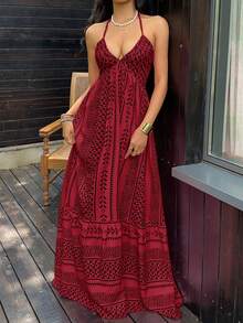 Sunnyshic 粉色数码印花修身露背系带连衣裙，法式V领沙滩度假风 - 彩色 - 查看 5