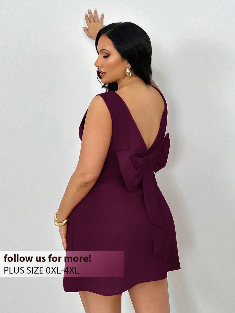 Firerie Plus Size Elegant Commuter Solid Color Bow Decor Backless Sleeveless Dress - Purple - View 1