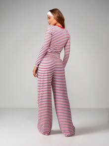 Missguided x Playboy Striped Long Sleeve Crop Top And Wide Leg Palazzo Pants Two Piece Lounge Set Casual Coordinated Outfit - Red and White - View 2