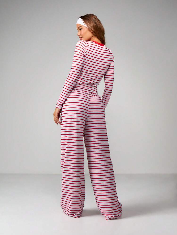 Missguided x Playboy Striped Long Sleeve Crop Top And Wide Leg Palazzo Pants Two Piece Lounge Set Casual Coordinated Outfit