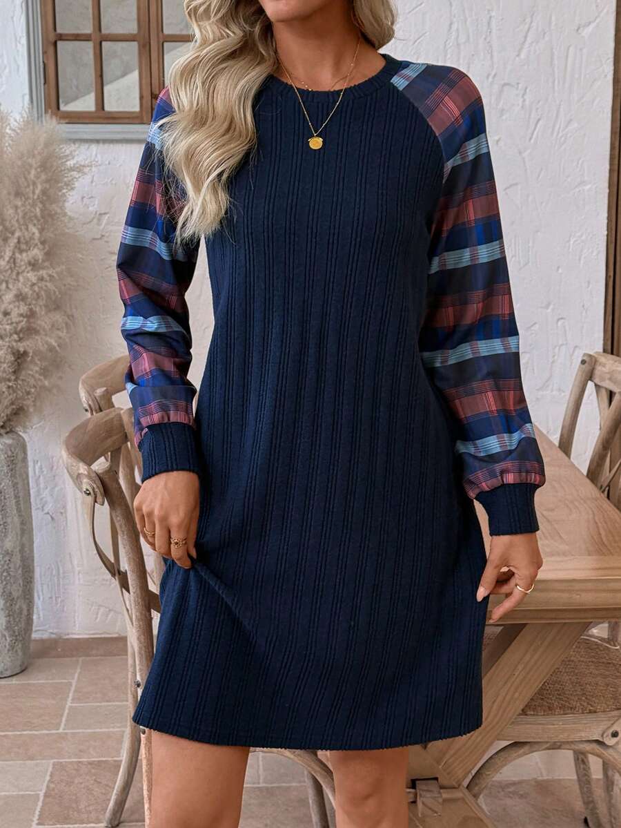 SHEIN LUNE 女士休闲插肩袖条纹拼接迷你连衣裙 - 藍色 - 查看 1