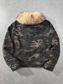 ROMWE MEN Men's Fur Collar Camouflage Pattern Long Sleeve Single-Breasted Casual Denim Jacket - Multicolor - View 2