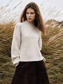 Florisole Women's Stand Collar Drop Shoulder Long Sleeve Casual Loose Sweater, Autumn/Winter - Apricot - View 9