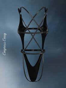 SHEIN Mono de lencería de PU con diseño sexy y hueco para mujer, ideal para fiestas y salir - Negro - Ver 7