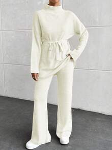 EURMUSE Ladies' Simple Daily Wear High Neck Belted Knitted Two-Piece Set (Solid Color) - Beige - View 5