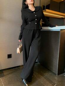 DAZY 2pcs Women's Elegant Commuter Front Button Long Sleeve Top And Pants Set, Autumn - Black - View 8