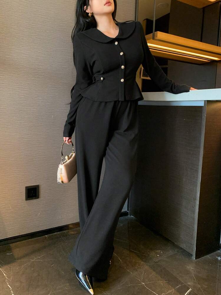 2pcs Women's Elegant Commuter Front Button Long Sleeve Top And Pants Set, Autumn