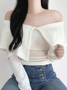 DAZY 1pc Women's Off-Shoulder Long Sleeve Cropped Top, Unique Design - Beige - View 1