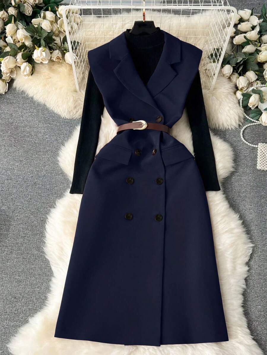 GlowEve Women's Elegant Notched Collar Double-Breasted Suit Dress, Suitable For Commuting In Summer And Autumn - Navy Blue - View 1