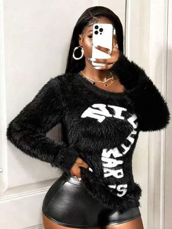 BamGleam Suéter de mujer de manga larga con hombro oblicuo, bloque de color negro con patrón de saludo, bloque de color rojo borroso con letras jacquard, suéter de punto casual chic vintage sexy y retro