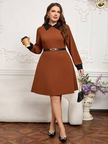 EMERY ROSE Damen Große Größen Farbblock Kragen Taillengegurtetes Lässig Kleid, geeignet für Arbeit, Pendeln und Alltagstragen, Frühling/Herbst - Orange - Übersicht 5