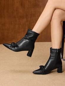 MOTF Giày bốt mũi nhọn cao đến giữa bắp chân họa tiết nơ thời trang nữ - màu đen - Xem 7