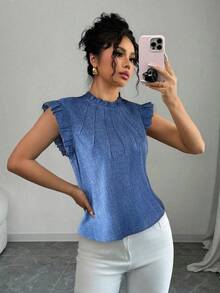Selianne Blusa elegante de mujer con cuello de volantes, mangas cortas y color lino azul - Azul - Ver 3