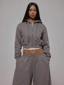 MUSERA 水洗缝线细节短款拉链连帽衫，秋冬街头风，酷女孩Y2K日常休闲风，复古棕褐色 - 灰色 - 查看 1