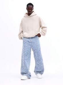 SUMWON Textured Skater Fit Jeans With Distressed Pattern Wide Leg Relaxed Denim Pants Casual Streetwear Blue Washed Vintage Style - Blue - View 3