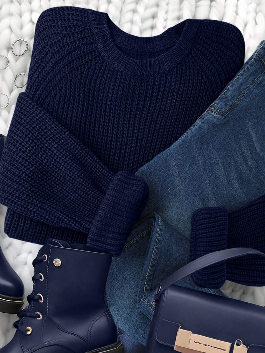 Airaco Áo len dệt kim cổ tròn dáng rộng màu trơn phong cách cổ điển dành cho nữ - Xanh đậm - Xem 1