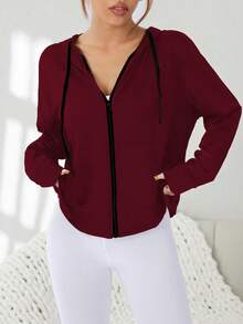 SHEIN Sports 女士纯色长袖网眼拼接拉链连帽运动夹克 - 酒紅色 - 查看 2