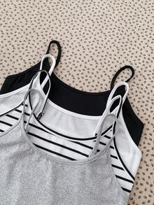 SHEIN Bộ 4 áo ba lỗ ngắn thường ngày cho bé gái tuổi teen, đa năng cho mùa xuân, hè, thu, đông, áo ba lỗ bó sát sọc đen trắng - Nhiều màu - Xem 3