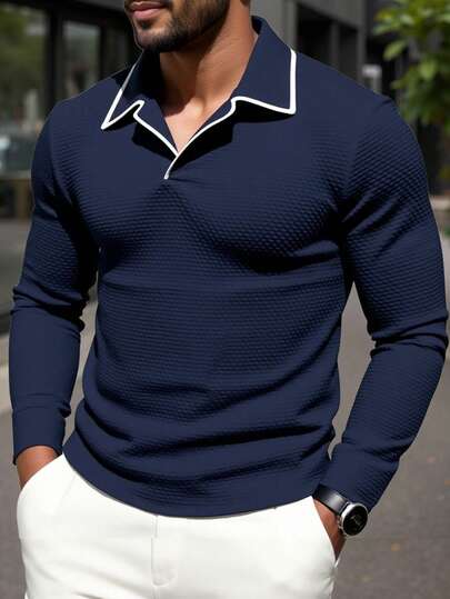 Manfinity Homme Camisa polo casual de manga larga con ribete para hombres