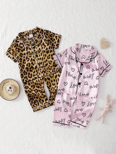 4pcs Set Satin Leopard Print Heart Pattern Faux Silk Fabric Short Sleeve Top And Pants