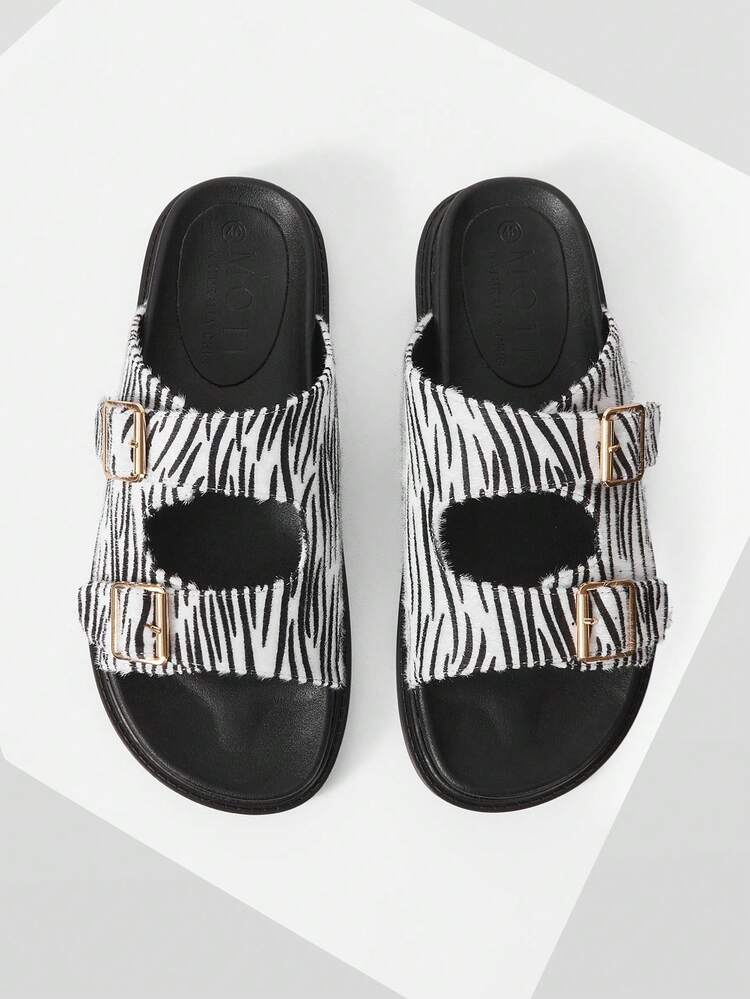 WOMEN'S CASUAL EVERYDAY COMMUTE VERSATILE ZEBRA PRINT BUCKLE DETAIL CUTOUT OPEN TOE FLAT SANDALS SPRING SHOES