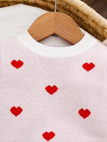 SHEIN Newborn Baby Girl Cute Heart Pattern Knitted Long Sleeve Romper, Autumn/Winter - White - View 3