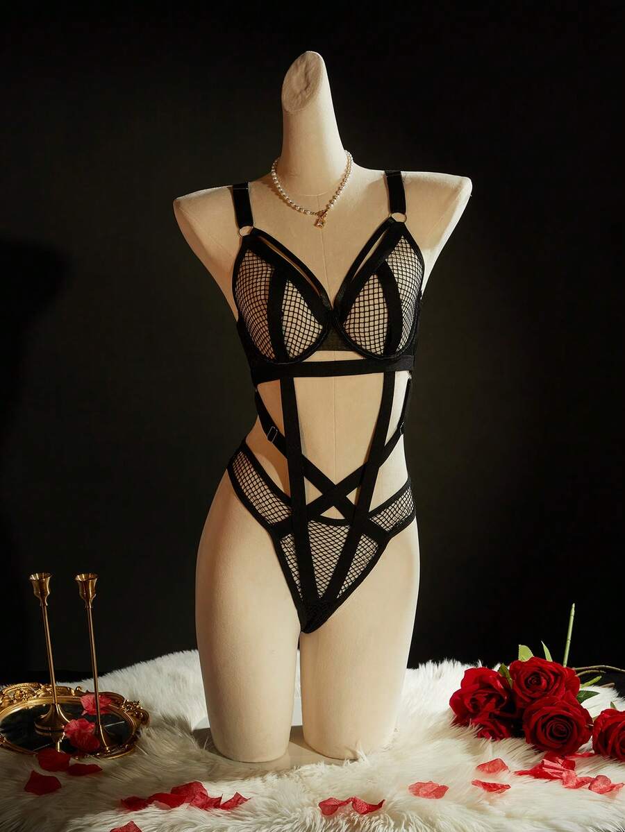 SpicyHot 镂空渔网钢圈泰迪连体衣 - 黑色 - 查看 1