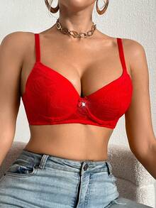 DesireSculpt 1pc Sexy Lace Simple Gather Push Up Wireless Bra For Small Bust Women - Red - View 11