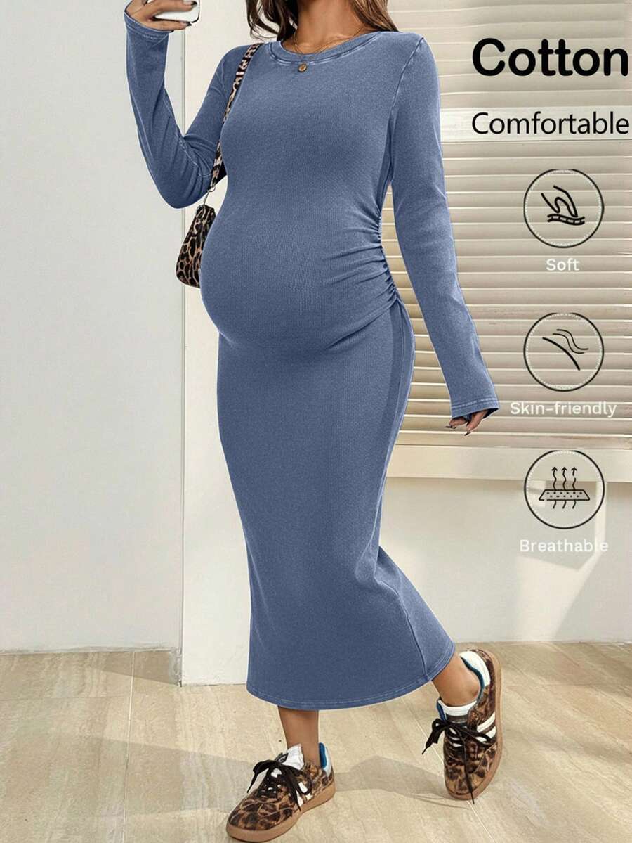 SHEIN Maternity Solid Color Round Neck Regular Shoulder Long Sleeve Fitted Ruched Dress - Blue - View 1